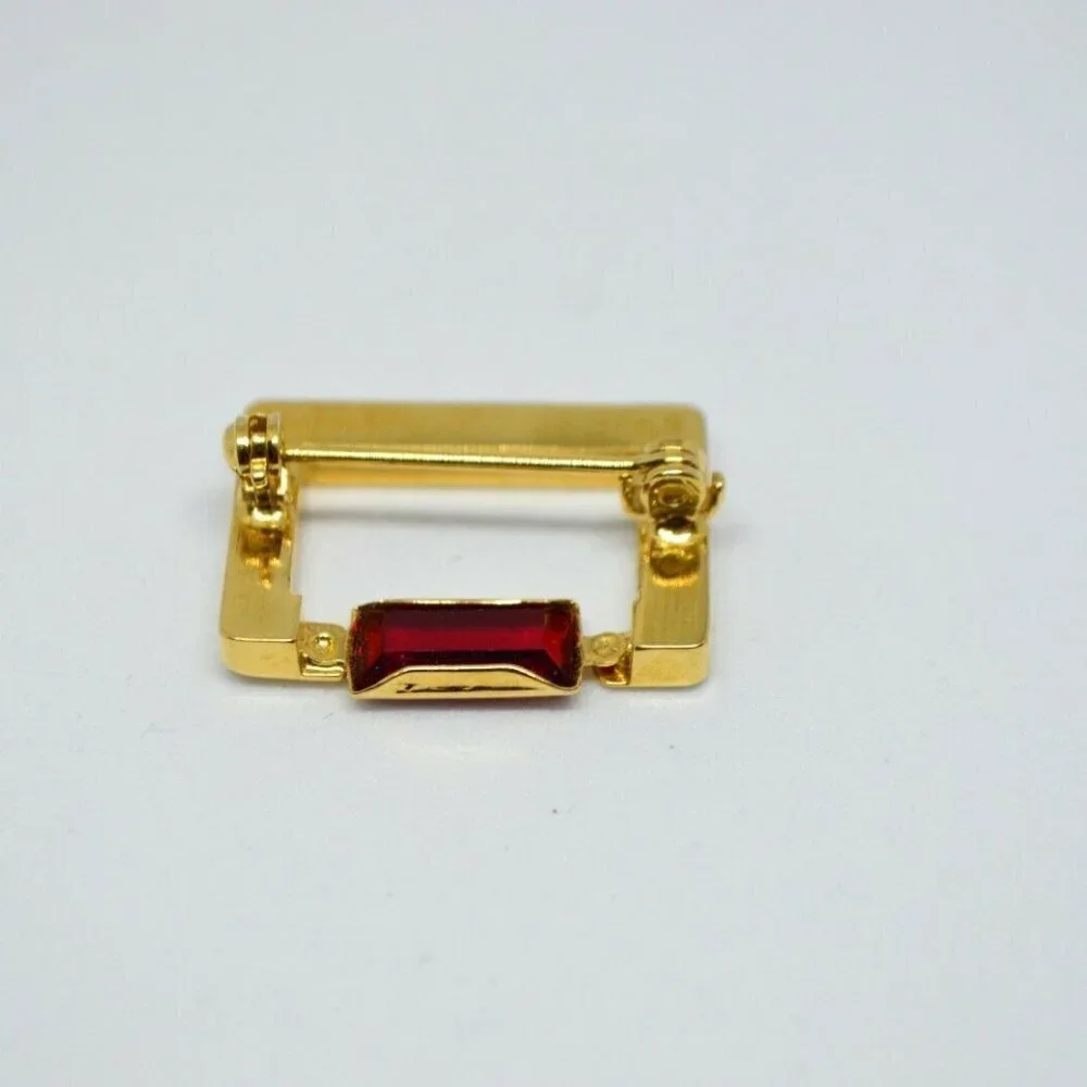 Red Glass Rhinestone Gold Tone Rectangle Openwork